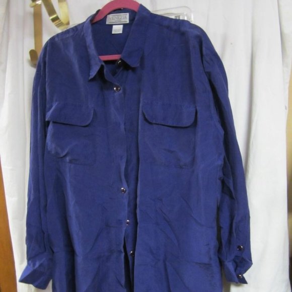 VTG VENEZIA VITALE 100% SILK, DK PURPLE, BUTTON DOWN BLOUSE, W/POCKETS, 22/24 - Picture 1 of 7